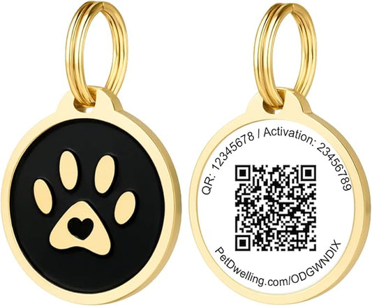 Pet Dwelling QR Code Pet ID Tag – Smart Dog & Cat ID Tags for Pet Safety, Free Personalized Online Profile, Instant Scan Alerts, AI Insights (Lux Gold Black Paw)