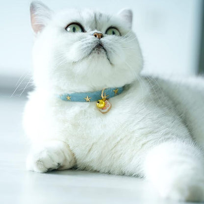 2 Pack Denim Breakaway Cat Collars with Bell Cat Paw Pendant Kitty Kitten Collars Blue Collar for Female Girl Cats Male Boy Cats Star Print