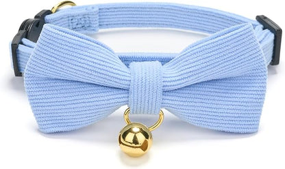 2 Pack Soft Corduroy Cat Collars with Bow Tie & Bell, Adjustable Breakaway Cotton Kitty Bowtie Collar for Girl Boy Kitten (Pink & Blue)