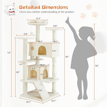 Sweetcrispy 54 Inch Cat Tree Tower, Multi-Level with Cat Scratching Post, Indoor Cat Condo with Climbing Ladder, Plush Toy, Play House for Cat, Beige