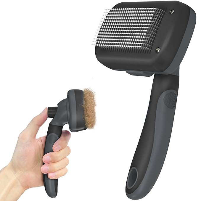 Self-Cleaning Deshedding Brush for Dogs & Cats - Skin-Friendly Grooming Tool with Hair Brush for Long and Short Haired Pets, Grey