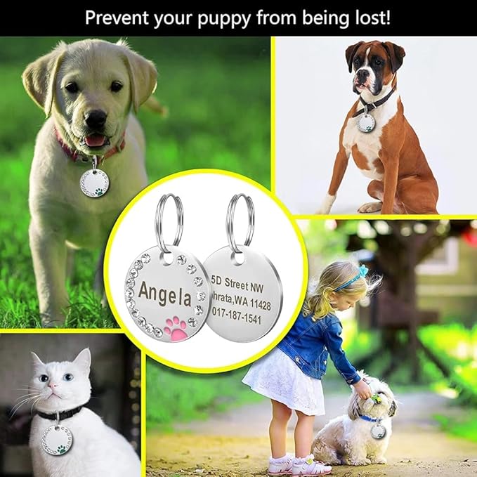 Personalized Dog/Cat Cute Paw Pet ID Tag with Unique Laser Engraving Name and Phone Number for Pet Collar or Key Chain (Blue)