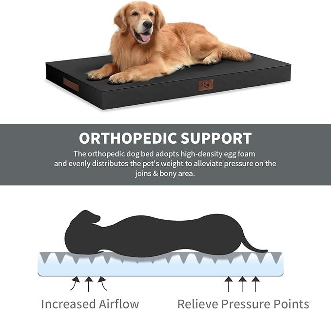 Outdoor Orthopedic Dog Bed, Waterproof Dog Bed for Large Dogs 36x27 Inch, Egg Crate Foam Pet Mat with Washable Removable Oxford Cooling Cover, Black