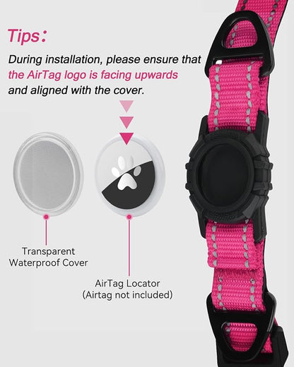 Joytale Airtag Dog Collar, Reflective Pet Collar with Waterproof AirTag Holder, Dual D-Rings, Soft Padded Adjustable for Large Dogs, Hotpink, L