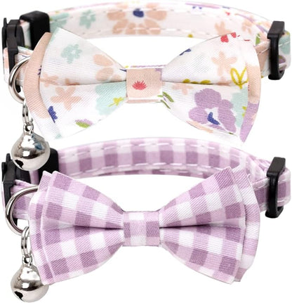 2 Pack/Set Cat Collar Breakaway with Cute Bow Tie and Bell Plaid Flower for Kitty Adjustable Safety