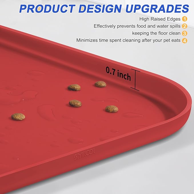 Silicone Pet Feeding Mat with Raised Edge for Food and Water, Dog Bowl Mats, Cat Bowls Placemat with High Lip for Floor Waterproof, Rubber Tray for Cats and Dogs 19 x 12 x0.7 Red