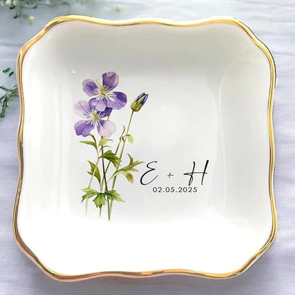 Personalized Floral Jewelry Dish, Engaged Ring Dish, Custom Trinket Dish Engagement Gift for Newly Engaged Couple, Mr and Mrs Ring Dish Just Married Valentines Gifts Keepsake