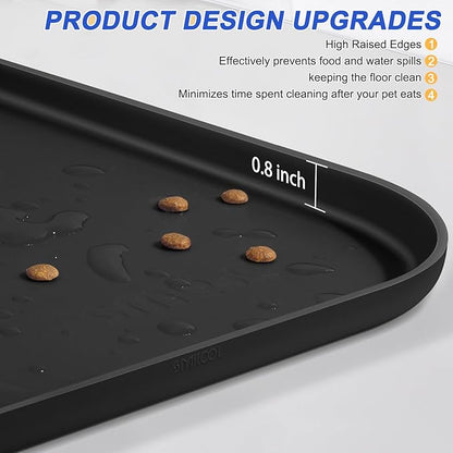 Silicone Pet Feeding Mat with Raised Edge for Food and Water, Dog Bowl Mats, Cat Bowls Placemat with High Lip for Floor Waterproof, Rubber Tray for Cats and Dogs 24 x 16 x0.8 Black