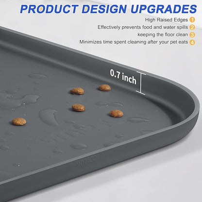Silicone Pet Feeding Mat with Raised Edge for Food and Water, Dog Bowl Mats, Cat Bowls Placemat with High Lip for Floor Waterproof, Rubber Tray for Cats and Dogs 19 x 12 x 0.7 Dark Grey