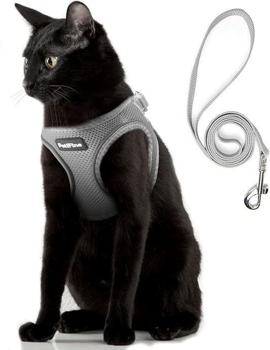 PetiFine Cat Harness and Leash Set,Escape Proof Kitten Harness Reflective,Soft Lightweight Puppy Harness for Walking and Travelling(XXS, Grey)