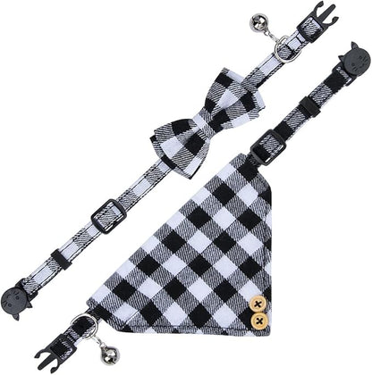 Faleela Cat Collar Bandana Bells Set - 2 Pack Set Cat Collar Breakaway with Cute Bow Tie and Bell, Adjustable from 7.8-10.5 Inch, Soft and Comfortable for Kitty and Some Puppies