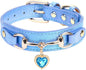 THAIN Fashion Dog Collar with Bling Diamonds & Heart Charm – 5 Holes Adjustable PU Leather Rhinestones Necklace Collar, Gold Buckle for Small Dogs Girl boy (Blue, XS)
