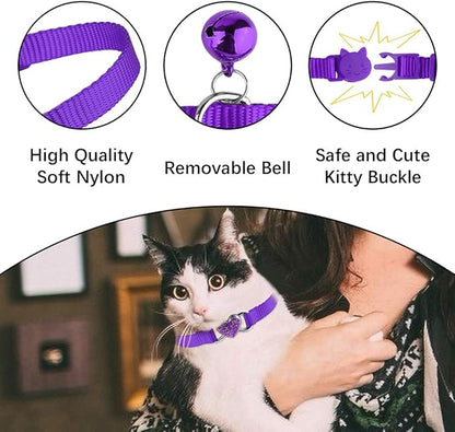 2 Pcs Cat Collars Heart Bling Breakaway with Bell Nylon Adjustable for Kitty(Black+Purple)