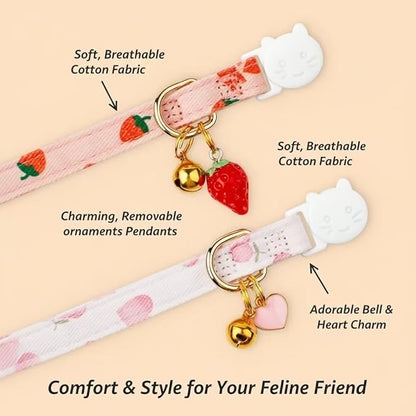 2-Pack Cotton Breakaway Cat Collar with Bell - Pink Strawberries & White Heart Pendant, Adjustable Soft Kitten Collar for Safety and Comfort