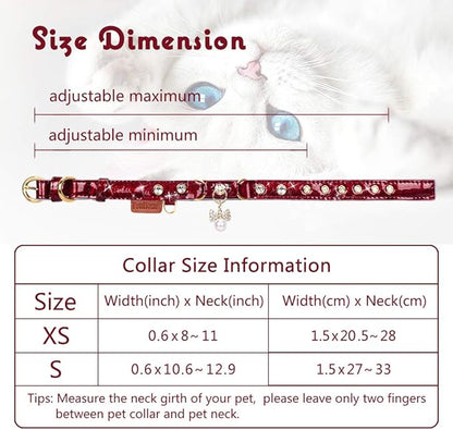 PetsHome Cat Collar, Dog Collar, [Bling Rhinestones] PU Leather Adjustable Pet Collar with Luxury Pendant for Cat and Small Dog Extra Small Wine Red