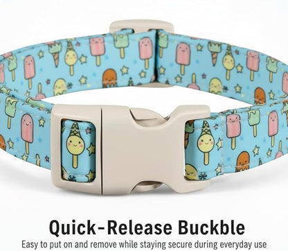 Cute Dog Collar, Girl Boy Dog Collar for Medium Dogs, Blue Collar with Ice Cream Print for Spring Summer, Adjustable Pet Collar Made of Soft Durable Fabric and Robust Buckle, M