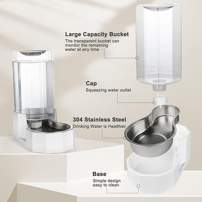 Sfozstra Automatic Pet Water Dispenser: 8L White Gravity Stainless Steel Water Bowl - with Specialized Brush - Angular Water Feeder for Senior Pet Dogs with Neck Pain Relief in Living Room Bedroom