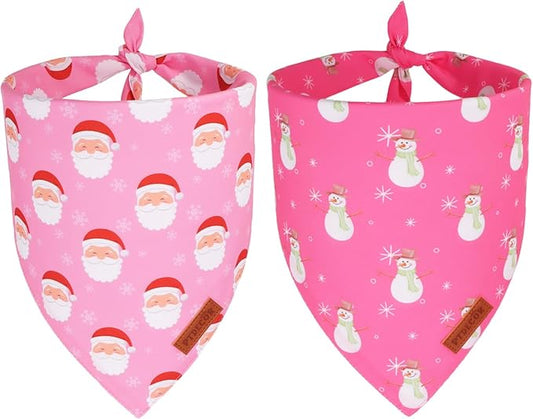 PTDECOR Christmas Dog Bandana, Santa Snowman Design Reversible Holiday Pet Scarf, Pink Triangle Fit Female Christmas Bandanas for Extra Large Dogs (X-Large)