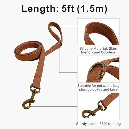 Dog Collar and Leash Set,Leather Silicone Waterproof Odor-Proof Dog Collar and Leash for Small Dogs, Soft Flexible Dog Collars, Durable Thick Adjustable Pet Collar (Brown, Small (9-14" Neck))