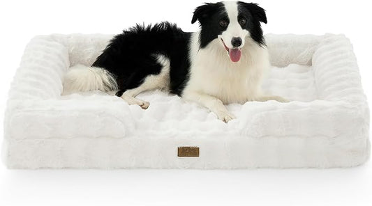 Orthopedic Dog Bed for Extra Large Dog, Soft and Warm Faux Fur Sofa for Giant Pet Up to 150 lbs, Foam Bolster Anti-Slip Couch with Washable Removable Cover, XXL 48x35x8 inch, Beige