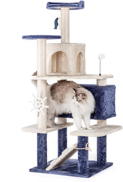 HYABi 53 Inch Ocean Theme Cat Tree Tower, Multi-Level Cat Furniture with Cozy Condo, Scratch Posts, Toy Ball, Luxury Apartment Playhouse for Indoor Cats