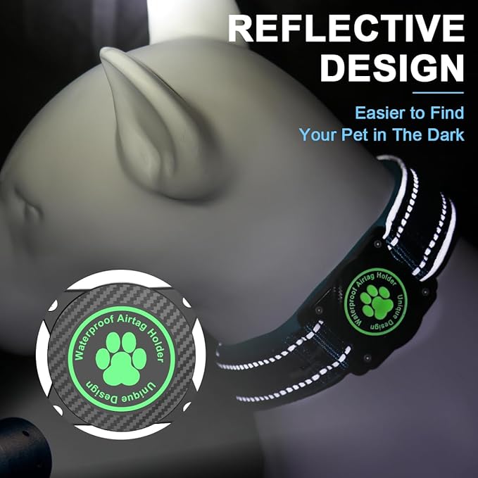 Airtag Dog Collar with Waterproof Air Tag Holder, Luminous Reflective, Soft Padded, Adjustable Nylon Pet Collar for Small Medium Large Heavy Duty Dogs,Blue, S