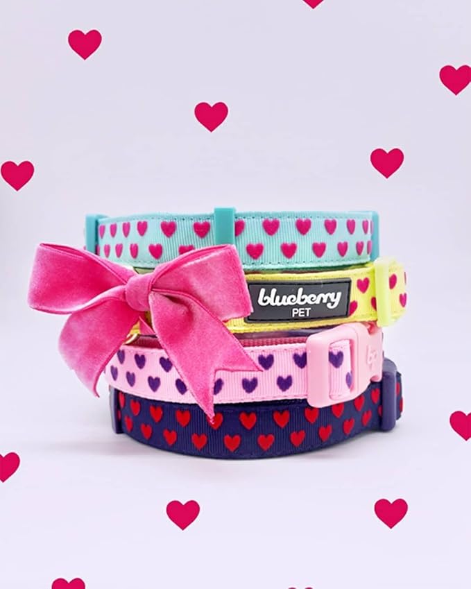 Blueberry Pet Dog Collar with Bowtie, Neck 14.5-20" Adjustable for Medium Dogs, Lust Red Heart Design, Valentines Day Girl Dog Collars, Non-Stretch, Secure Fit, Puppy & Female Dog Accessory