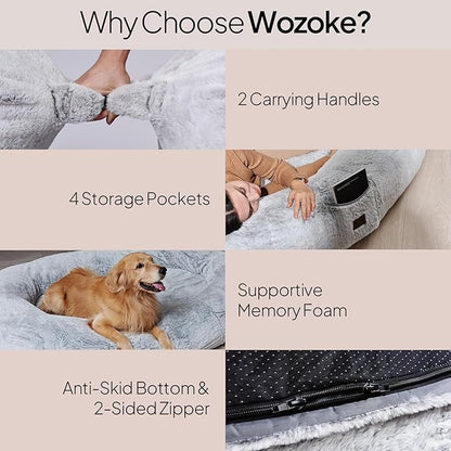 Human Dog Bed for Adults, 74"x50"x12" Giant Memory Foam Bed for Ultimate Comfort, Waterproof & Machine Washable Cover with Storage Pocket, Ideal for Sleep and Nap, Light Grey