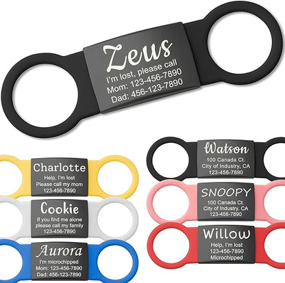 Anavia Slide On Silent Pet ID Tags, S/M/L/XL Personalized Black Stainless Steel Colored Silicone Cat Dog Name Tag, Customized Engraved Nameplate, Quiet Chew-Proof Pet Collar Tag (Black, X-Large)