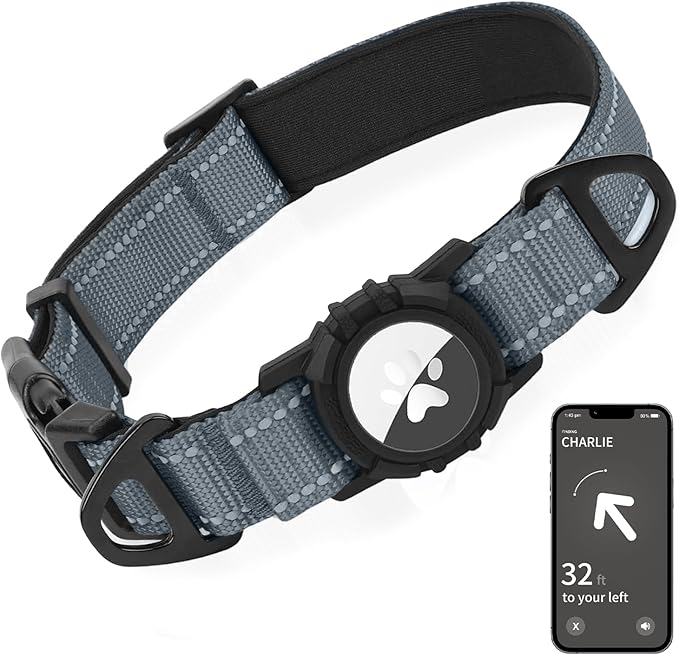 Joytale Airtag Dog Collar, Reflective Pet Collar with Waterproof AirTag Holder, Dual D-Rings, Soft Padded Adjustable for Small Dogs, Gray, S