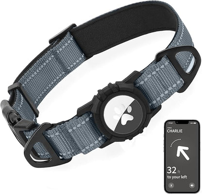 Joytale Airtag Dog Collar, Reflective Pet Collar with Waterproof AirTag Holder, Dual D-Rings, Soft Padded Adjustable for Medium Dogs, Gray, M