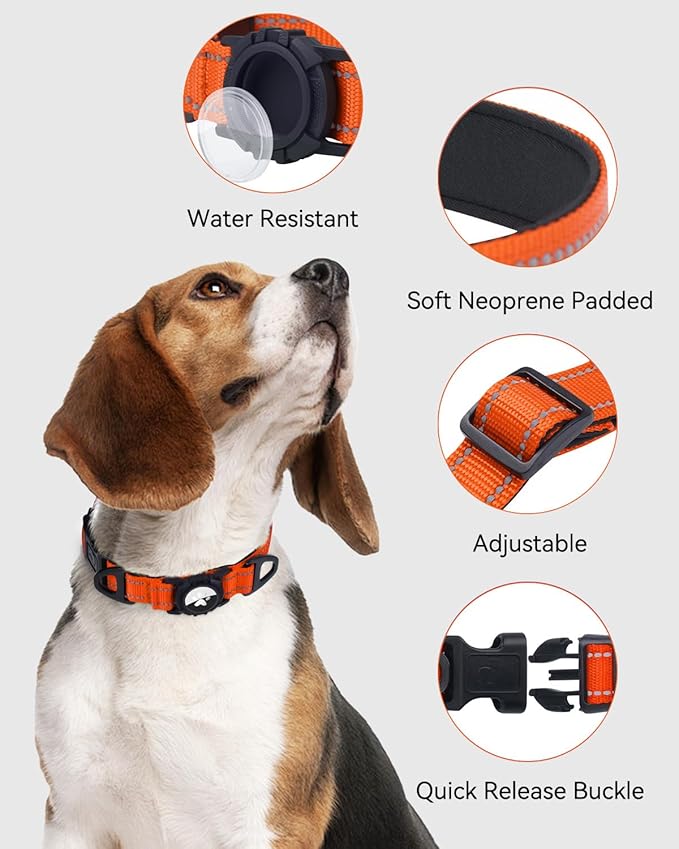 Joytale Airtag Dog Collar, Reflective Pet Collar with Waterproof AirTag Holder, Dual D-Rings, Soft Padded Adjustable for Extra Small and Puppy Dogs, Orange, XS