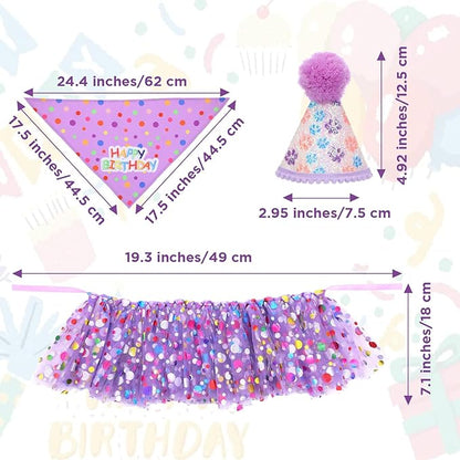 Dog Birthday Bandana with Hat and Dress Girl Set Puppy Birthday Party Supplies Cute Tutu Skirt Outfit for Small Medium Large Dogs Decorations(Purple) (Light Purple)