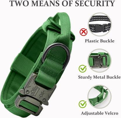 Tactical Dog Collar, Adjustable Military Training Nylon Dog Collar with Control Handle and Heavy Quick-Release Metal Buckle for Small Medium Large Dogs, Emerald Green S