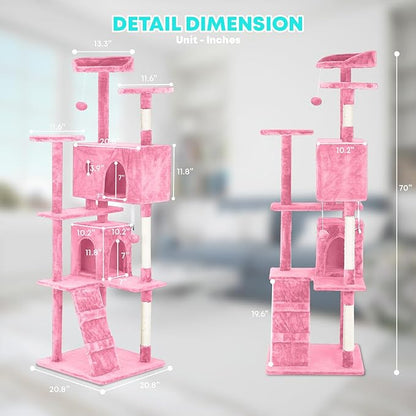 FDW | 70" Cat Tree Tower | Pink | Multi-Level Indoor Activity Center with Sisal Scratching Posts, Condos, Plush Perches, Hanging Cat Toys | Sturdy, Easy to Assemble | for Kittens & Adult Cats