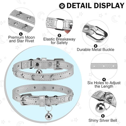Leather Cat Collars for Boy Girl Cats with Bell and Safety Elastic Belt, Personalized Star and Moon Stud Adjustable Safe Buckle Collar for Kitty Small Big Cats Size 8-12 Inch, Silver Grey