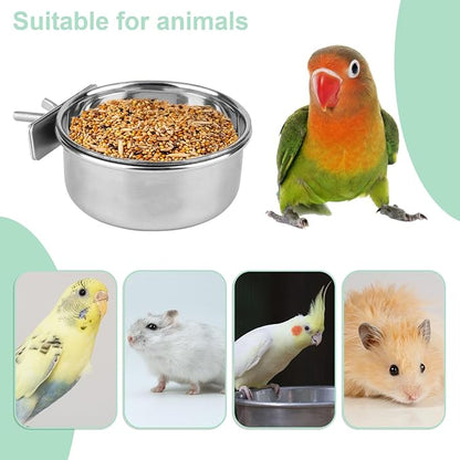 Hypeety Pet Bird Food Feeding and Drinking Hanging Cup Clamp Holder Stainless Steel Hanging Bowl for Parrot Macaw African Greys Budgies Parakeet Cockatiels Conure Lovebirds Finch Pigeon Cage
