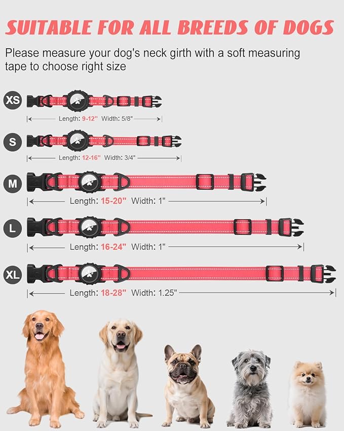 Joytale Airtag Dog Collar, Reflective Pet Collar with Waterproof AirTag Holder, Dual D-Rings, Soft Padded Adjustable for Large Dogs, Neon Pink, L