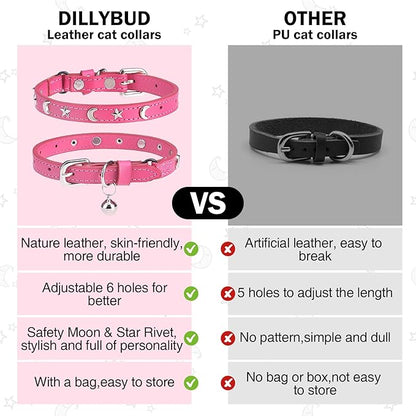 Leather Cat Collars for Boy Girl Cats with Bell and Safety Elastic Belt, Personalized Star and Moon Stud Adjustable Safe Buckle Collar for Kitty Small Big Cats Size 8-12 Inch, Rose