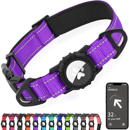 Joytale Airtag Dog Collar, Reflective Pet Collar with Waterproof AirTag Holder, Dual D-Rings, Soft Padded Adjustable for Small Dogs, Purple, S