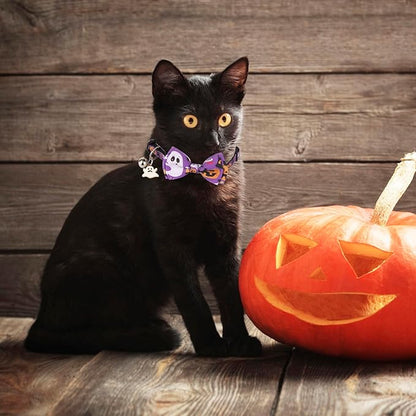 ADOGGYGO Halloween Cat Collars with Bow Bell, Breakaway Kitten Collar with Bowtie Pumpkin Ghost Halloween Collar for Girl Boy Cats Kittens