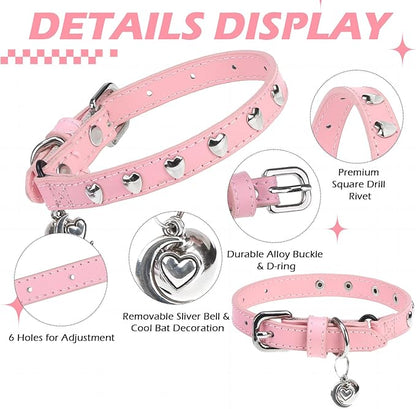 EXPAWLORER Leather Cat Collar for Girl Boy Valentine's Day - Adjustable Pet Collar with Safety Elastic Belt,Personalized Heart Accessories Buckle Collars with Bell & Durable D-Ring,Heart(Pink)