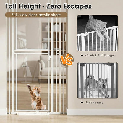 78.7" Extra Tall Cat Gate, Adjustable 27.5"-37.4" Wide Pet Proof Safety Gate, NO Drilling Pressure Mount Dog Gate, Transparent Full Door Pet Gate for Stairs/Studio/Kitchen, White
