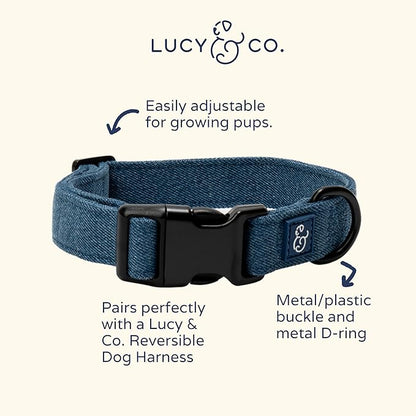 Lucy & Co. Dog Collar - Durable Lightweight Designer Collar for Pets - Adjustable Metal Safety Buckel. - Blue Denim - Medium