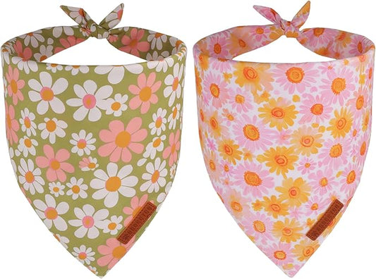 ADOGGYGO Floral Dog Bandanas 2 Pack, Daisy Flower Puppy Scarf, Premium Fabric, Adjustable Fit Spring Summer Floral Bandanas for Medium Large Dogs (Large)