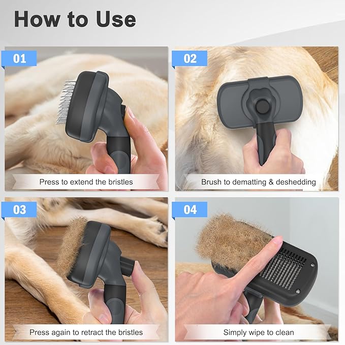 Self-Cleaning Deshedding Brush for Dogs & Cats - Skin-Friendly Grooming Tool with Hair Brush for Long and Short Haired Pets, Grey