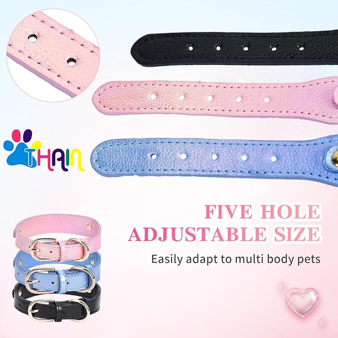THAIN Fashion Dog Collar with Bling Diamonds & Heart Charm – 5 Holes Adjustable PU Leather Rhinestones Necklace Collar, Gold Buckle for Small Medium Dogs Girl (Pink, S)