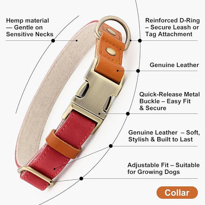 Plutus Pet Genuine Leather & Hemp Dog Collar – Adjustable Heavy Duty Pet Collar with Quick Release Metal Buckle, Soft & Stylish for Puppy and Small, Medium, Large Dogs (Red, M)