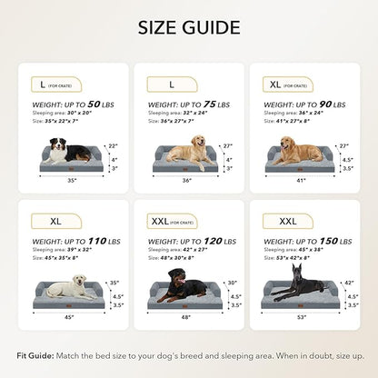 Orthopedic Dog Beds for Large Sized Dogs, Waterproof Egg Crate Foam Large Dog Couch Beds with Comfy Bolster 36x27Inch, Washable Pet Beds with Removable Cover and Nonskid Bottom, Grey