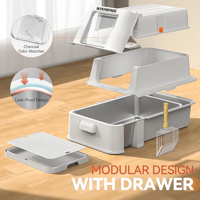 Enclosed Stainless Steel Cat Litter Box with Odor Control, Modular Design with Drawer and Flip Door, Easy to Clean and Wash,Non-Stick Interior,Extra Large Size Fits All Cats(Light Grey)